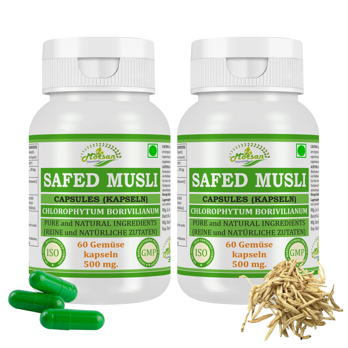 Morsan Nutraveda Safed Musli (Chlorophytum Arundinaceum) Kapseln | 10:1 Extrakt mit höchster Wirksamkeit | 100 % natürliches Produkt | Packung mit 60 x 500 mg Veg. Kapseln