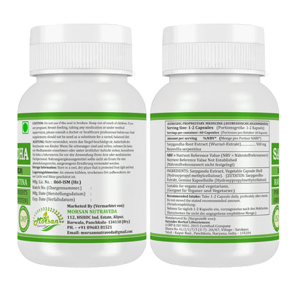 SARPGANDHA-KAPSELN - RAUWOLFIA SERPENTINA - 60 Gemüsekapseln à 500 mg.