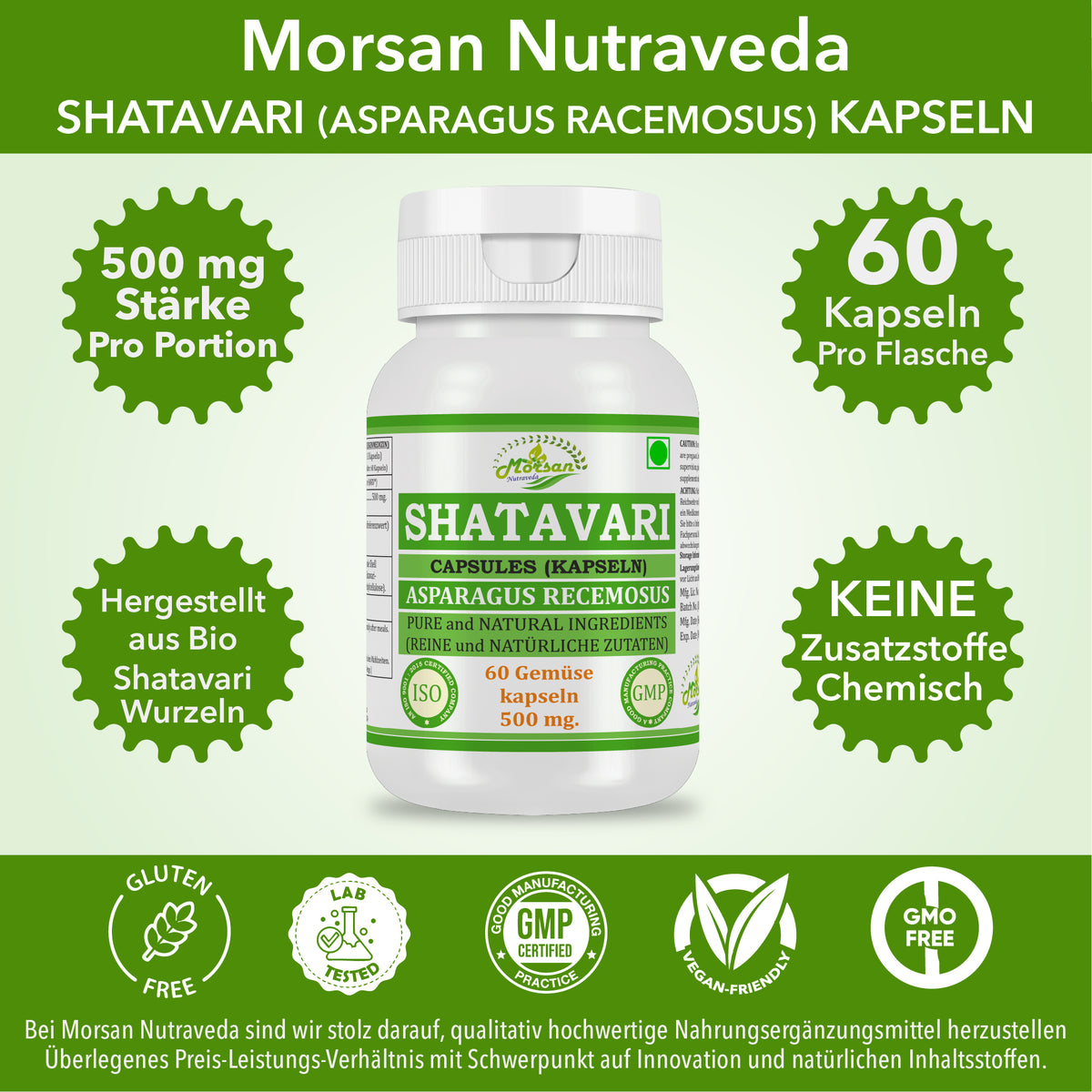 SHATAVARI-KAPSELN - ASPARAGUS RACEMOSUS - 60 pflanzliche Kapseln à 500 mg.