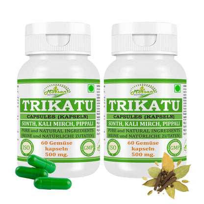 Morsan Nutraveda Trikatu (Extrakt aus Pippali (Piper Longum), Kali Mirch (Piper Nigrum), Sonth (Zingiber Officinale)) Kapseln | 10:1 hochkonzentrierter Extrakt | Packung mit 60 x 500 mg vegetarischen Kapseln